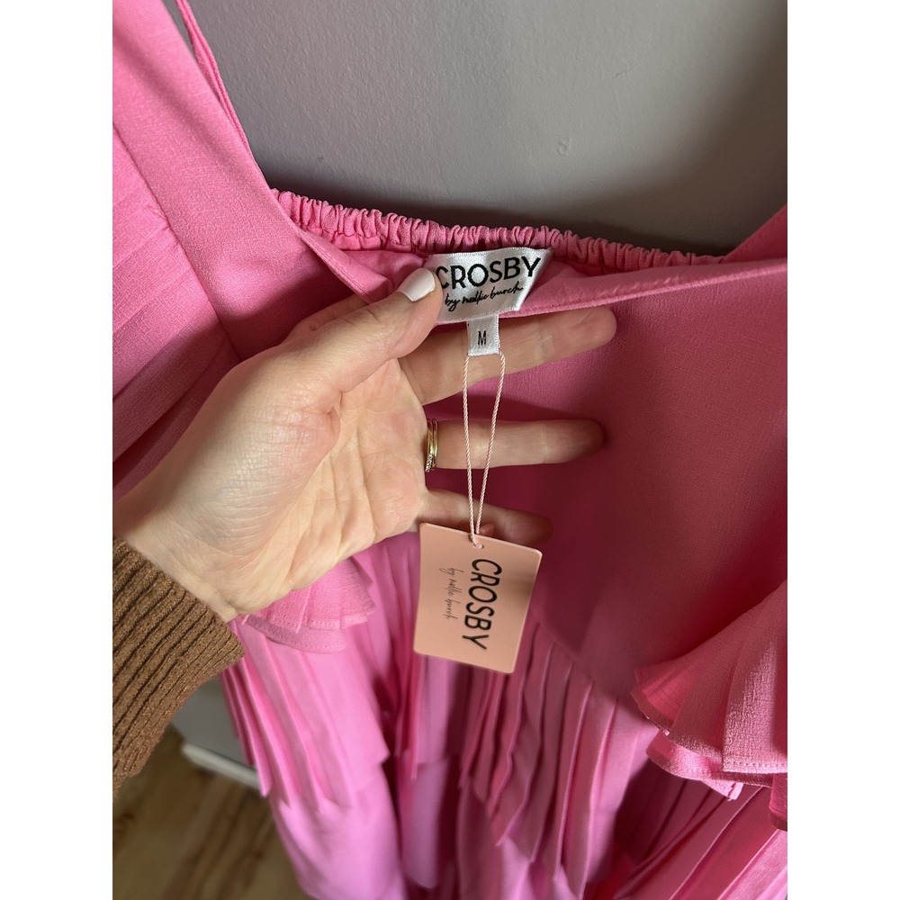 NWT Crosby by Mollie Burch Pink Pleated Tiered Midi Dress Ruffle Sleeve Medium - Picture 3 of 3